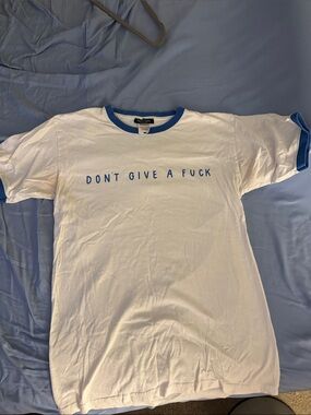 Nasty Gal White Ringer Tee with Blue Trim and Bold Text